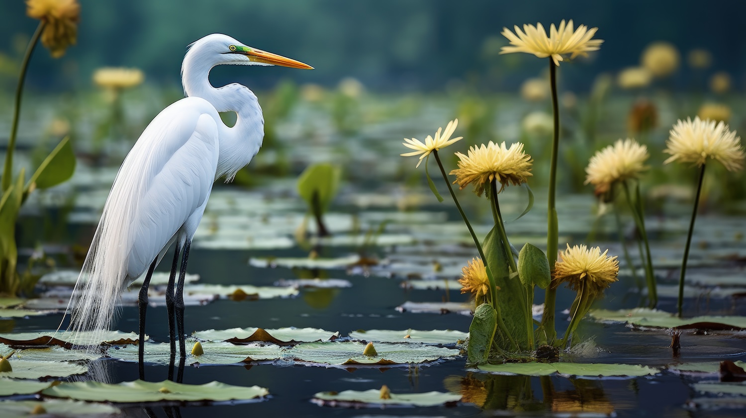 Great Egret in marsh water among white blooming water lilies at Lacassine Wildlife Refuge Louisiana